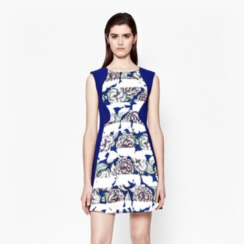 French Connection Bonita Spring Stripe Blue White Floral Skater Dress Size 6
